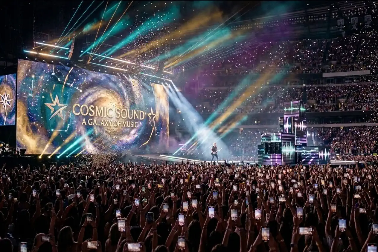 A concert audience holding phones up to record the show