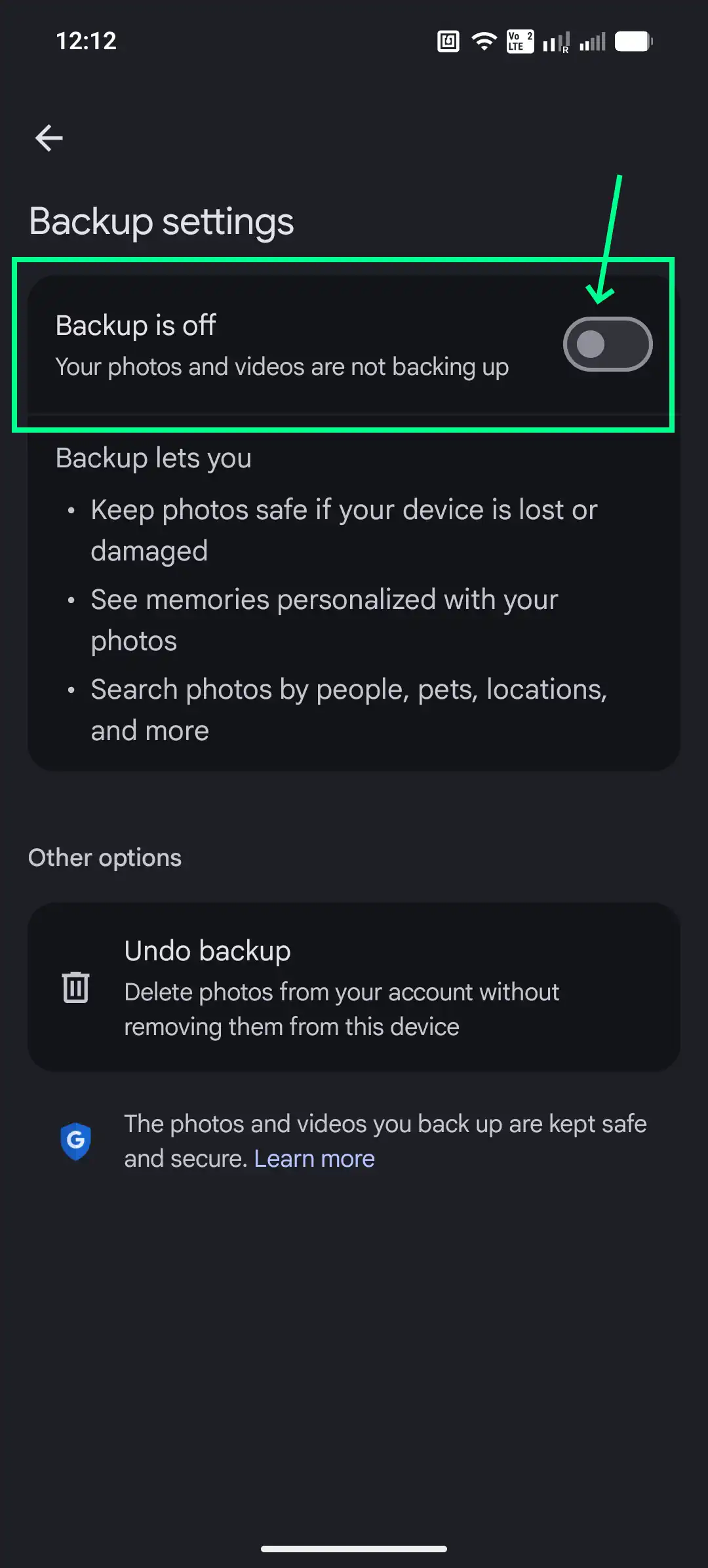 Google Photos Backup toggle switched off in Photo settings
