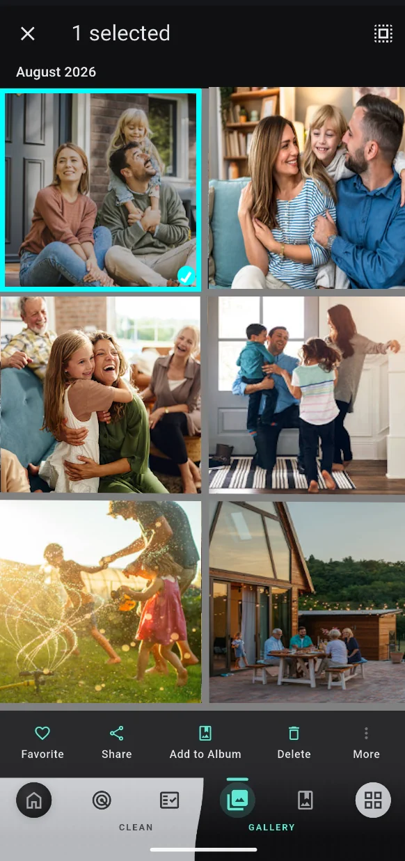 Purgli Photos grid grouped by month, with Favorite, Share, and Add to Album