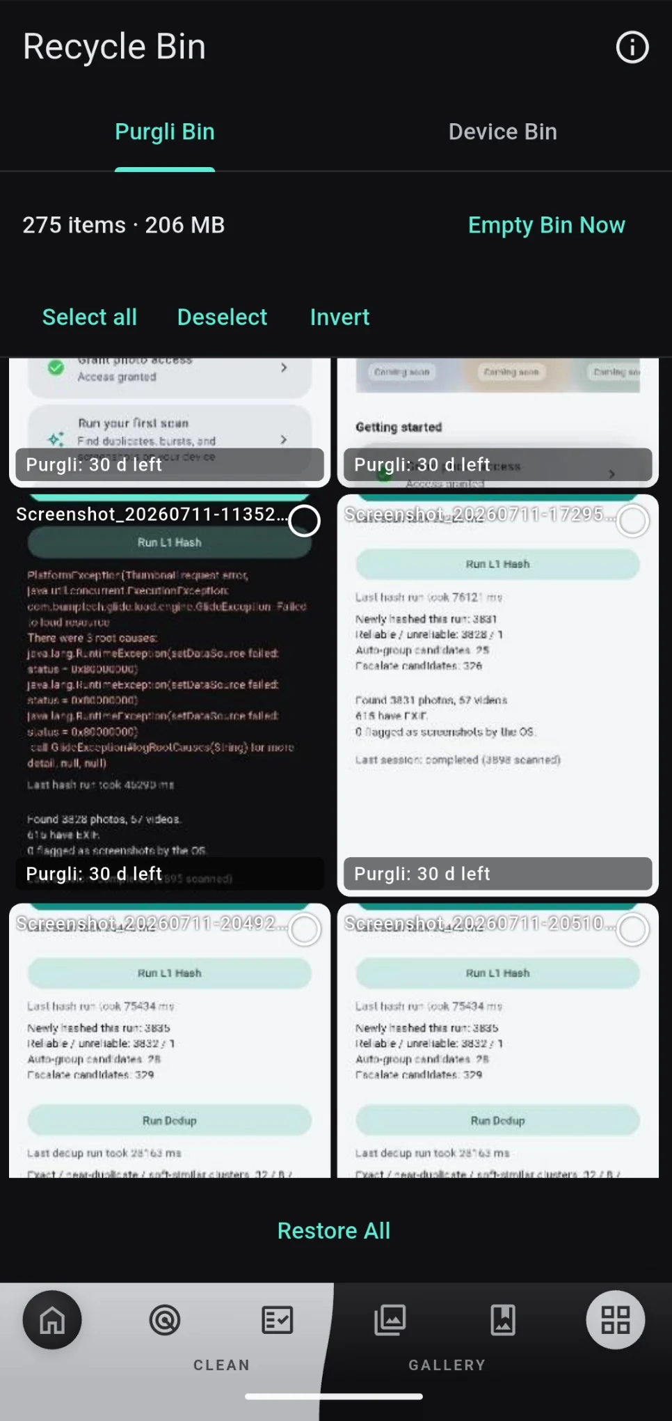 Purgli Recycle Bin holding deleted photos for 30 days