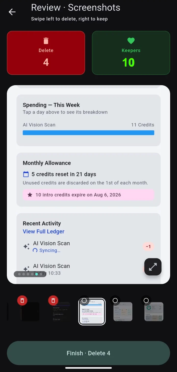 Purgli swipe review, with keep or delete on a single photo