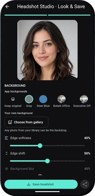 Purgli Headshot Studio Look and Save, with studio background options