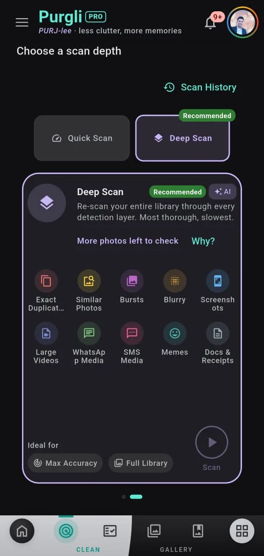 Purgli Clean tab on Android, with Quick Scan and Deep Scan
