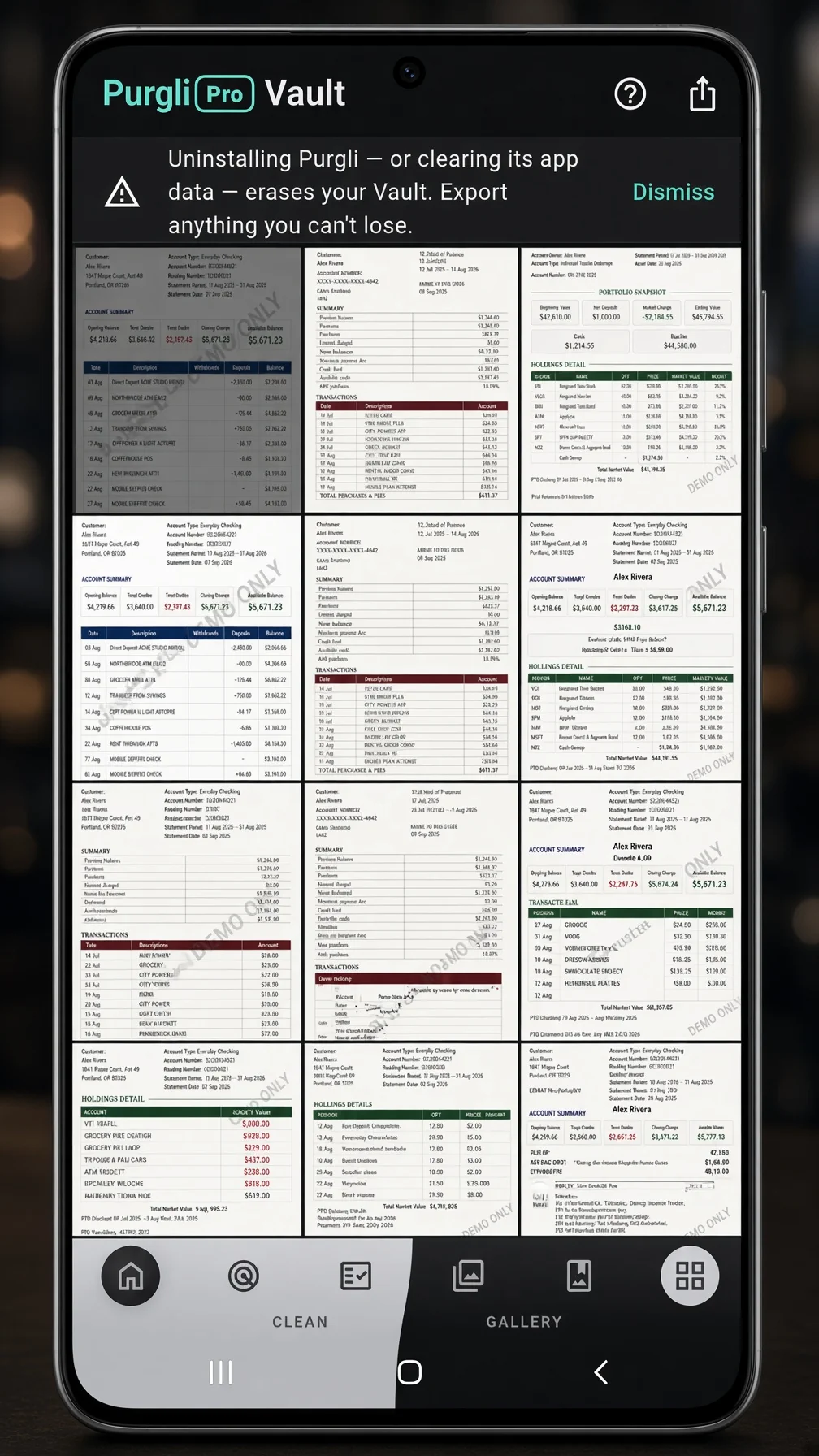 Purgli Vault grid of private photos, with a warning that uninstalling the app erases the Vault
