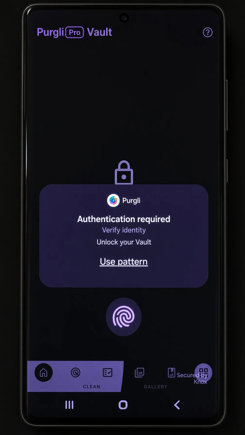 Purgli Vault unlock prompt asking for fingerprint or device pattern