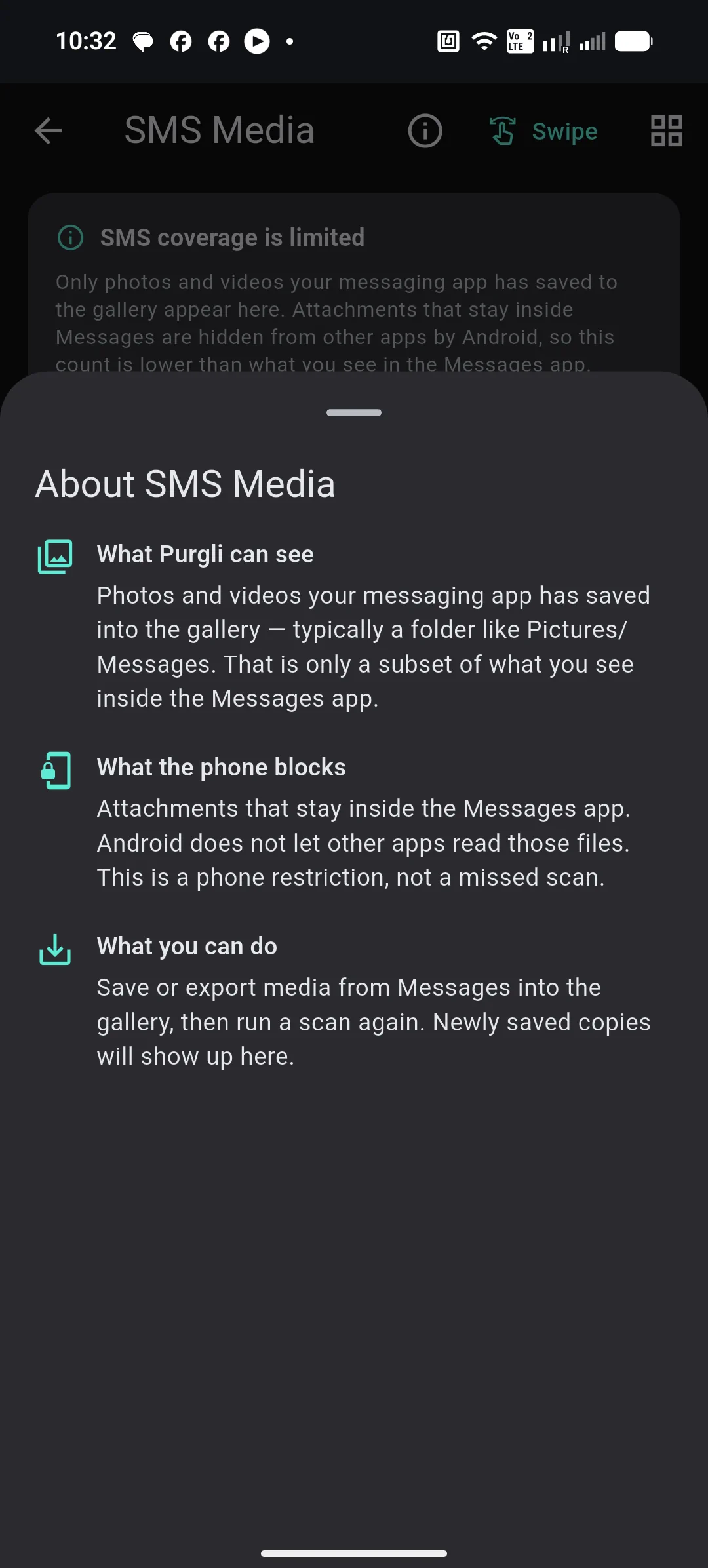 Purgli SMS Media screen with an About SMS Media sheet explaining gallery copies versus in-app Messages attachments