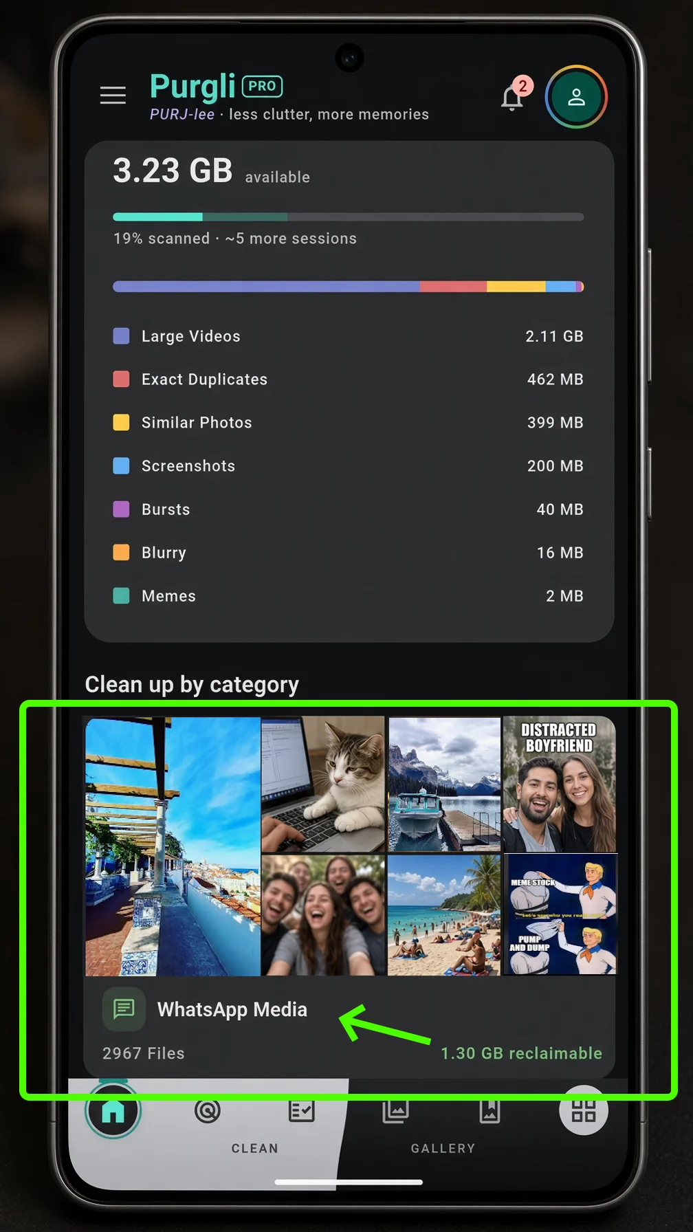 Purgli Home with WhatsApp Media under Clean up by category, showing reclaimable space