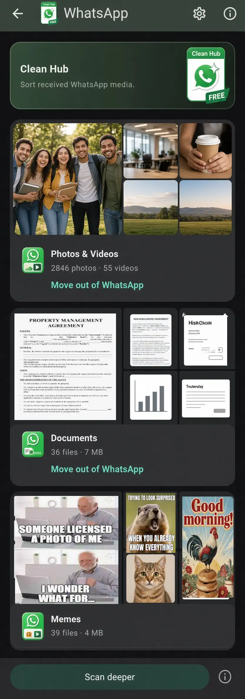 Purgli WhatsApp Media review grid with Select all and a cleanup bar